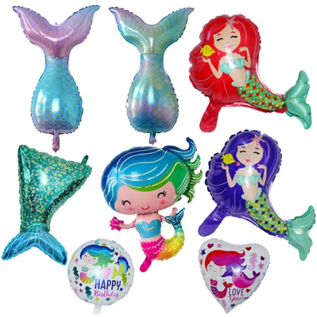Balon din Folie Metalizata, , Mini Figurine, Model Sirena cu Par Rosu, Tematica Aniversare, 39x37 cm, Ambalaj Individual, Pai Inclus, Umflare cu Aer sau Heliu, Multicolor [3]