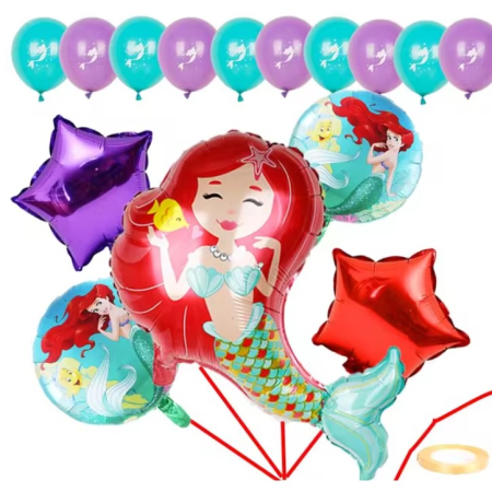 Balon din Folie Metalizata, , Mini Figurine, Model Sirena cu Par Rosu, Tematica Aniversare, 39x37 cm, Ambalaj Individual, Pai Inclus, Umflare cu Aer sau Heliu, Multicolor [4]