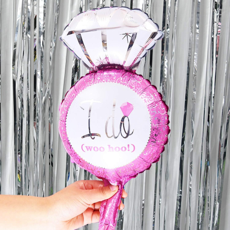 Balon din Folie Metalizata, , Mini Figurine Nunta, Model Inel de Logodna, Tematica Cerere in Casatorie, 46x23 cm, Ambalaj Individual, Pai Inclus, Umflare cu Aer sau Heliu, Roz [1]