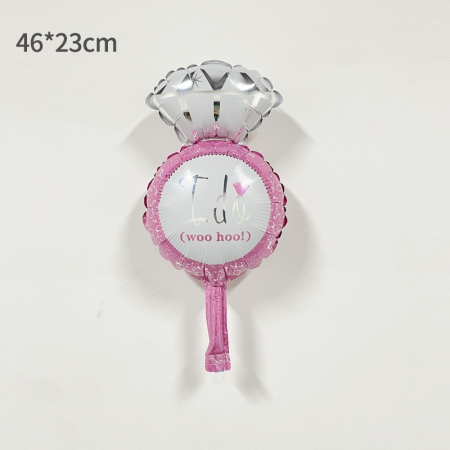Balon din Folie Metalizata, , Mini Figurine Nunta, Model Inel de Logodna, Tematica Cerere in Casatorie, 46x23 cm, Ambalaj Individual, Pai Inclus, Umflare cu Aer sau Heliu, Roz [2]