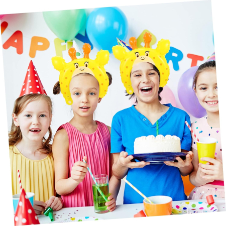 Balon din Folie Metalizata, , Tip Coronita cu Urechi, Model Girafa, Ambalaj Individual, Pai Inclus, Umflare cu Aer sau Heliu, 28 x 31 cm, Galben [3]