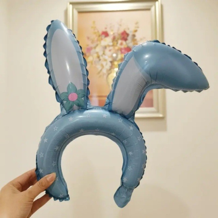 Balon din Folie Metalizata, , Tip Coronita cu Urechi, Model Iepure, Ambalaj Individual, Pai Inclus, Umflare cu Aer sau Heliu, 38 x 45 cm, Albastru [3]