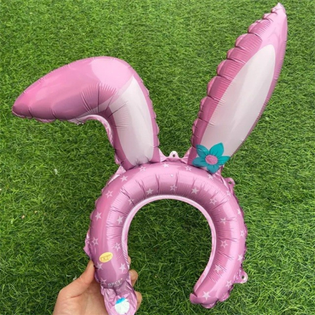 Balon din Folie Metalizata, , Tip Coronita cu Urechi, Model Iepure, Ambalaj Individual, Pai Inclus, Umflare cu Aer sau Heliu, 38 x 45 cm, Roz [2]