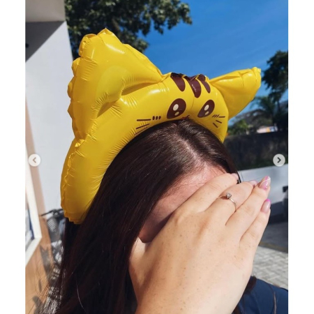 Balon din Folie Metalizata, , Tip Coronita cu Urechi, Model Pisicuta, Ambalaj Individual, Pai Inclus, Umflare cu Aer sau Heliu, 24 x 29.5 cm, Galben [1]