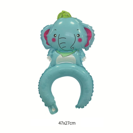 Balon din Folie Metalizata, , Tip Coronita, Model Elefant, Ambalaj Individual, Pai Inclus, Umflare cu Aer sau Heliu, 47 x 27 cm, Albastru [2]