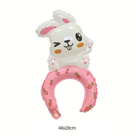 Balon din Folie Metalizata, , Tip Coronita, Model Iepure, Ambalaj Individual, Pai Inclus, Umflare cu Aer sau Heliu, 48 x 28 cm, Roz [1]