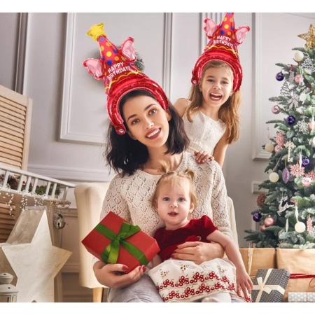 Balon din Folie Metalizata, , Tip Coronita, Model Palarie de Petrecere, Ambalaj Individual, Pai Inclus, Umflare cu Aer sau Heliu, 31 x 50 cm, Rosu [3]