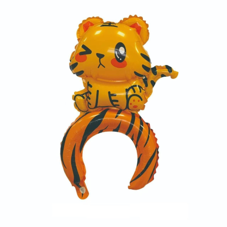 ✨TOATE PRODUSELE✨ - Balon din Folie Metalizata, , Tip Coronita, Model Tigru, Ambalaj Individual, Pai Inclus, Umflare cu Aer sau Heliu, 48 x 28 cm, Portocaliu