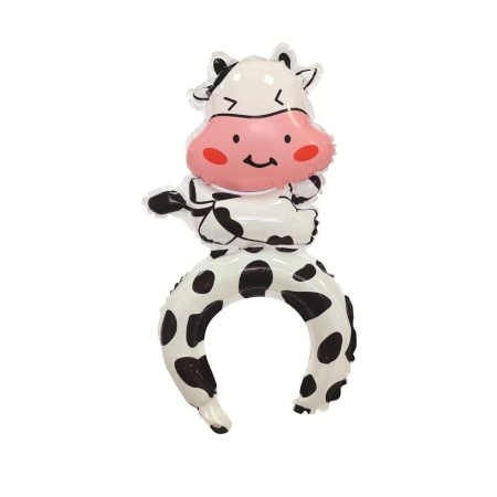 ✨TOATE PRODUSELE✨ - Balon din Folie Metalizata, , Tip Coronita, Model Vacuta, Ambalaj Individual, Pai Inclus, Umflare cu Aer sau Heliu, 48 x 27 cm, Alb/Negru