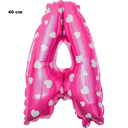 Balon Folie Metalizata Litera A, , 40 cm, Cu Imprimeu Inimioare, Umflati cu Heliu sau Aer, Ambalaj Individual, Pai inclus, Roz [1]