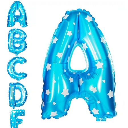 Balon Folie Metalizata Litera A, , 40 cm, Cu Imprimeu Stelute, Umflati cu Heliu sau Aer, Ambalaj Individual, Pai inclus, Albastru [2]