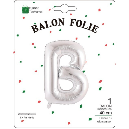Balon Folie Metalizata Litera B, , 40 cm, Umflati cu Heliu sau Aer, Ambalaj Individual, Pai inclus, Argintiu [1]