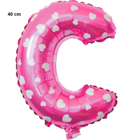 Balon Folie Metalizata Litera C, , 40 cm, Cu Imprimeu Inimioare, Umflati cu Heliu sau Aer, Ambalaj Individual, Pai inclus, Roz [1]