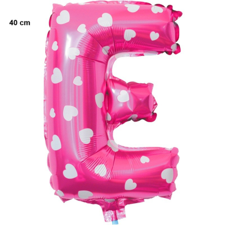 Balon Folie Metalizata Litera E, , 40 cm, Cu Imprimeu Inimioare, Umflati cu Heliu sau Aer, Ambalaj Individual, Pai inclus, Roz [1]