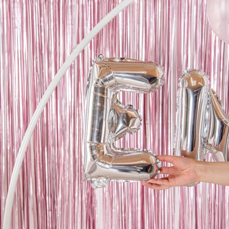 Balon Folie Metalizata Litera E, , 40 cm, Umflati cu Heliu sau Aer, Ambalaj Individual, Pai inclus, Argintiu [6]