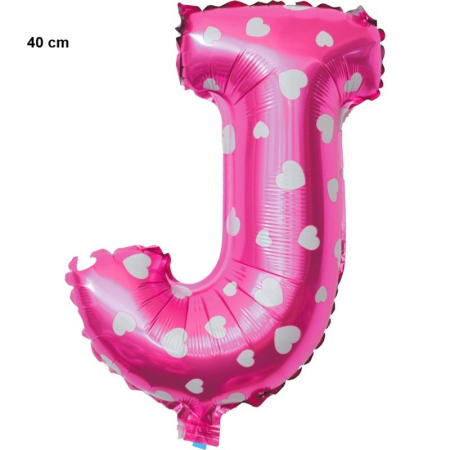 Balon Folie Metalizata Litera J, , 40 cm, Cu Imprimeu Inimioare, Umflati cu Heliu sau Aer, Ambalaj Individual, Pai inclus, Roz [1]