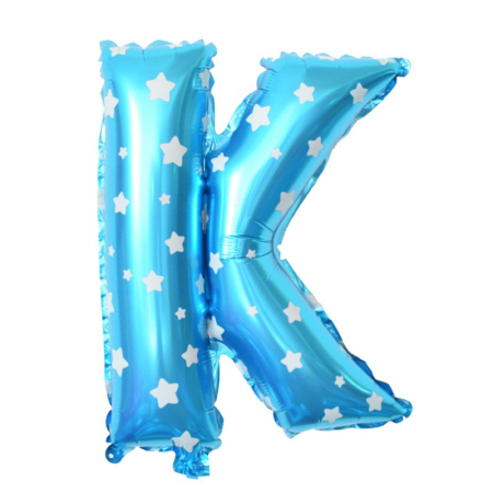Balon Folie Metalizata Litera K, , 40 cm, Cu Imprimeu Stelute, Umflati cu Heliu sau Aer, Ambalaj Individual, Pai inclus, Albastru [3]