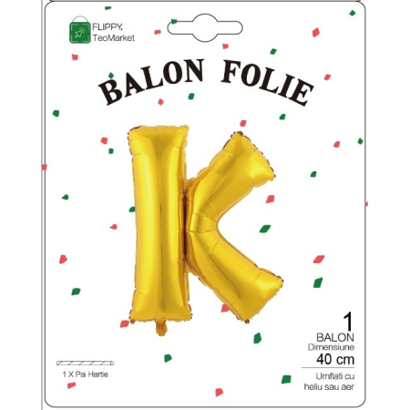 Balon Folie Metalizata Litera K, , 40 cm, Umflati cu Heliu sau Aer, Ambalaj Individual, Pai inclus, Auriu [1]