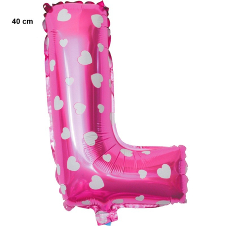 Balon Folie Metalizata Litera L, , 40 cm, Cu Imprimeu Inimioare, Umflati cu Heliu sau Aer, Ambalaj Individual, Pai inclus, Roz [1]