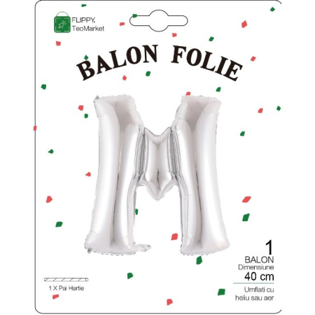 Balon Folie Metalizata Litera M, , 40 cm, Umflati cu Heliu sau Aer, Ambalaj Individual, Pai inclus, Argintiu [1]