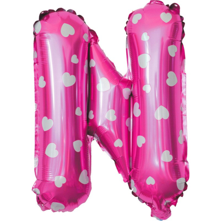 Balon Folie Metalizata Litera N, , 40 cm, Cu Imprimeu Inimioare, Umflati cu Heliu sau Aer, Ambalaj Individual, Pai inclus, Roz [2]
