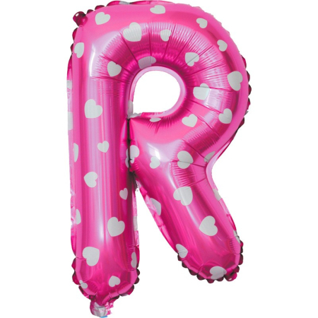 ✨TOATE PRODUSELE✨ - Balon Folie Metalizata Litera R, , 40 cm, Cu Imprimeu Inimioare, Umflati cu Heliu sau Aer, Ambalaj Individual, Pai inclus, Roz