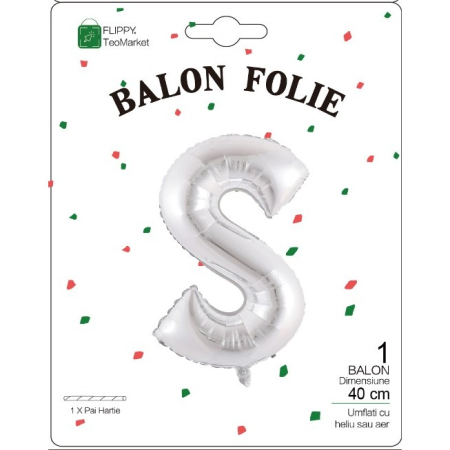 Balon Folie Metalizata Litera S, , 40 cm, Umflati cu Heliu sau Aer, Ambalaj Individual, Pai inclus, Argintiu [1]
