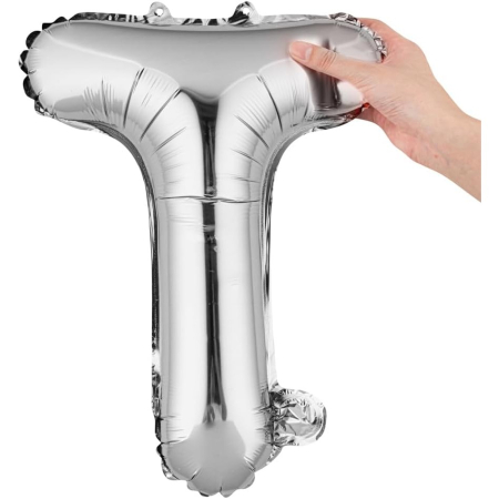 Balon Folie Metalizata Litera T, , 40 cm, Umflati cu Heliu sau Aer, Ambalaj Individual, Pai inclus, Argintiu [5]