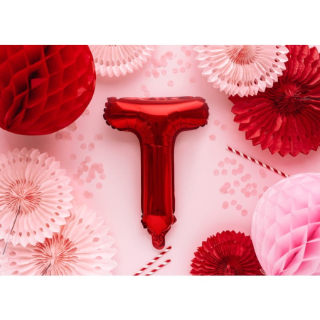 Balon Folie Metalizata Litera T, , 40 cm, Umflati cu Heliu sau Aer, Ambalaj Individual, Pai inclus, Rosu [1]