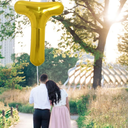 Balon Folie Metalizata Litera T, , 80 cm, Umflati cu Heliu sau Aer, Ambalaj Individual, Pai inclus, Auriu [2]