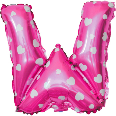 ✨TOATE PRODUSELE✨ - Balon Folie Metalizata Litera W, , 40 cm, Cu Imprimeu Inimioare, Umflati cu Heliu sau Aer, Ambalaj Individual, Pai inclus, Roz