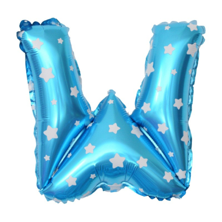 ✨TOATE PRODUSELE✨ - Balon Folie Metalizata Litera W, , 40 cm, Cu Imprimeu Stelute, Umflati cu Heliu sau Aer, Ambalaj Individual, Pai inclus, Albastru
