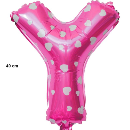 Balon Folie Metalizata Litera Y, , 40 cm, Cu Imprimeu Inimioare, Umflati cu Heliu sau Aer, Ambalaj Individual, Pai inclus, Roz [1]