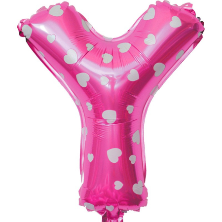 ✨TOATE PRODUSELE✨ - Balon Folie Metalizata Litera Y, , 40 cm, Cu Imprimeu Inimioare, Umflati cu Heliu sau Aer, Ambalaj Individual, Pai inclus, Roz