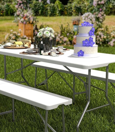 Banca pliabila pentru evenimente si catering, 183x28x43 cm, din HDPE si otel, alb [3]