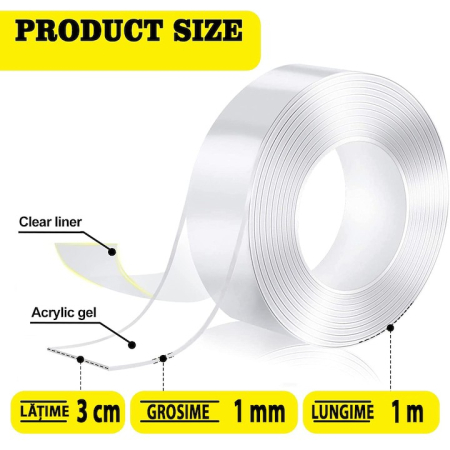 Banda Dublu Adeziva, , Transparenta, Rezistenta la Apa, Reutilizabila, Tehnologie Nano, 30mm x 1mm x 1m, Fara Urme [1]