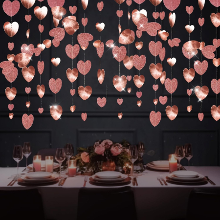 Banner cu Inimioare, , Tip Franjuri, 4 m, Rola de Ata Inclusa, Roz cu Sclipici [1]