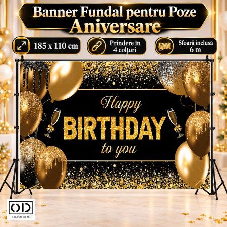 Accesorii petrecere - Banner fundal foto aniversare Happy Birthday to You, panza poliester 185 x 110 cm, negru auriu, ORIGINAL DEALS