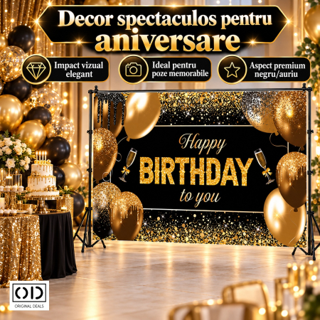 Banner fundal foto aniversare Happy Birthday to You, panza poliester 185 x 110 cm, negru auriu, ORIGINAL DEALS [6]