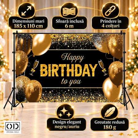 Banner fundal foto aniversare Happy Birthday to You, panza poliester 185 x 110 cm, negru auriu, ORIGINAL DEALS [2]