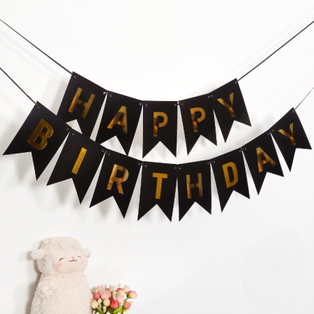Banner Happy Birthday 100x200 cm, , Dimensiune Stegulet 11.5x16.5 cm, Rola de Ata Inclusa, Negru [4]