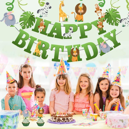 Banner Happy Birthday 100x200 cm, , Rola de Ata Inclusa, Tematica Jungle, Verde [3]