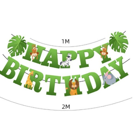 Banner Happy Birthday 100x200 cm, , Rola de Ata Inclusa, Tematica Jungle, Verde [1]