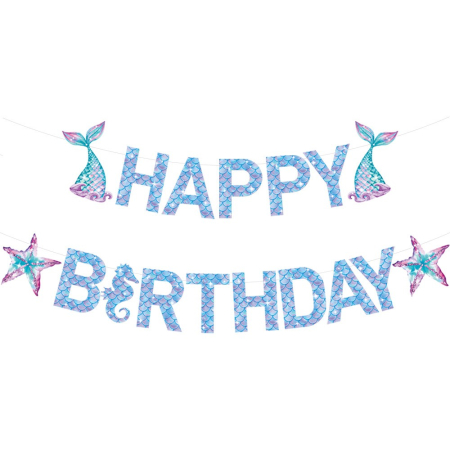 Accesorii Petrecere - Banner Happy Birthday Sirena, , Colectia Mermaid, 17 Piese, Multicolor