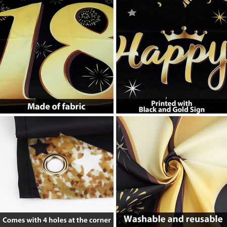 Banner pentru Petrecere, , Model Happy Birthday, Tematica Majorat, Aniversare 18 Ani, 185x90 cm, Negru [2]