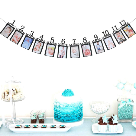 Banner pentru Poze, , 15.2x10.2 cm, Tema Prima Aniversare, Model Primele 12 Luni, Rola Ata Inclusa, Negru [2]