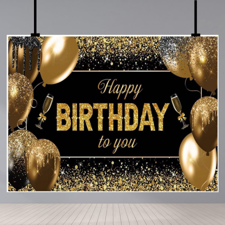 Banner Tip Fundal pentru Poze, , din Panza, 185 x 110 cm, Sfoara 6 m, Prindere in 4 Colturi, Happy Birthday to You, Negru/Auriu [3]