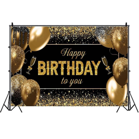 ✨TOATE PRODUSELE✨ - Banner Tip Fundal pentru Poze, , din Panza, 185 x 110 cm, Sfoara 6 m, Prindere in 4 Colturi, Happy Birthday to You, Negru/Auriu