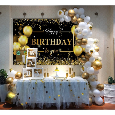 Banner Tip Fundal pentru Poze, , din Panza, Model Happy Birthday to You, 185 x 110 cm, Sfoara 6 m, Prindere in 4 Colturi, Negru/Auriu [2]