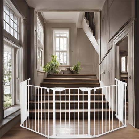 Bariera de protectie pentru copii, 318x75 cm, alba – 5 panouri, poarta cu blocare, montaj pe perete [3]